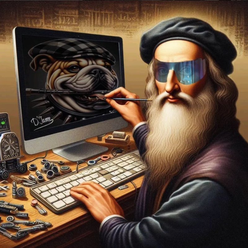 Da Vinci 2025 Leonardo Da Vinci con aspecto futurista dibuja sobre la pantalla de un ordenador personal.
