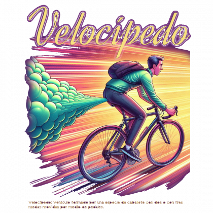 Velocípedo Ilustración creada con Inteligencia Artificial de un chico con mochila en bicicleta a toda velocidad impulsado por una flatulencia que sale de su parte posterior sobre el sillín.