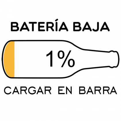 Batería baja Barra de carga con forma de botellín de cerveza al 1% con las palabras Batería Baja y Cargar en barra.