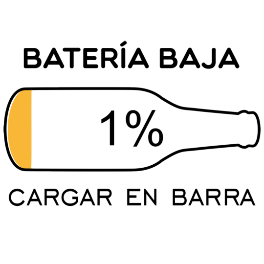 Batería baja Barra de carga con forma de botellín de cerveza al 1% con las palabras Batería Baja y Cargar en barra.