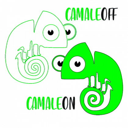 Camale-on/off Ilustración de dos camaleones, uno solo contorno y la palabra CamaleOFF y el otro relleno de color verde y la palabra CamaleON.