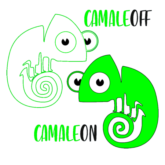 Camale-on/off Ilustración de dos camaleones, uno solo contorno y la palabra CamaleOFF y el otro relleno de color verde y la palabra CamaleON.