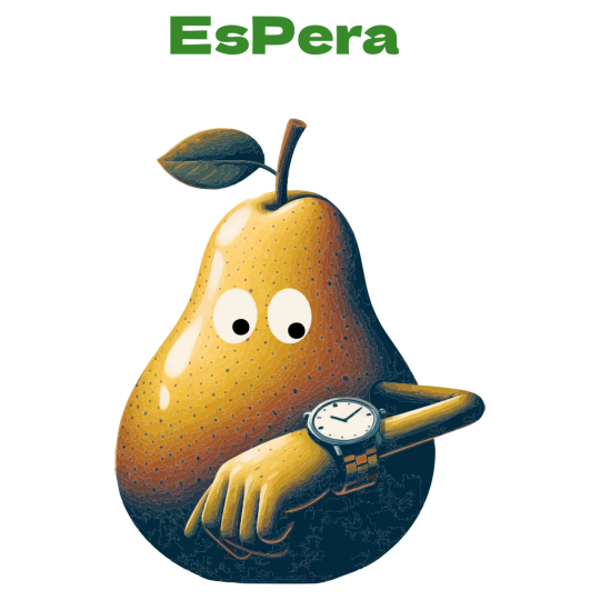 Es Pera Ilustración de una pera mirando a su reloj de muñeca. Encima aparece escrito EsPera.