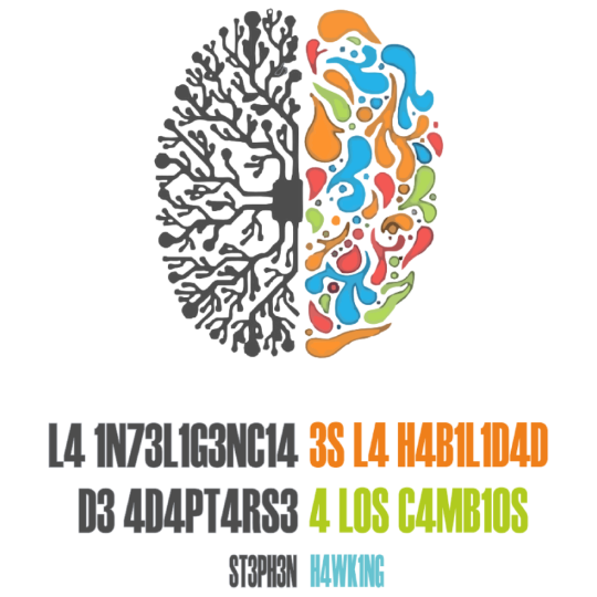 Inteligencia Ilustración de un cerebro con dos lóbulos diferenciados. Uno en estilo bio-neuronal y otro en estilo cachemira colorido. Debajo, la frase de Stephen Hawking La inteligencia es la habilidad de adatarse a los cambios sustituyendo vocales por números similares.