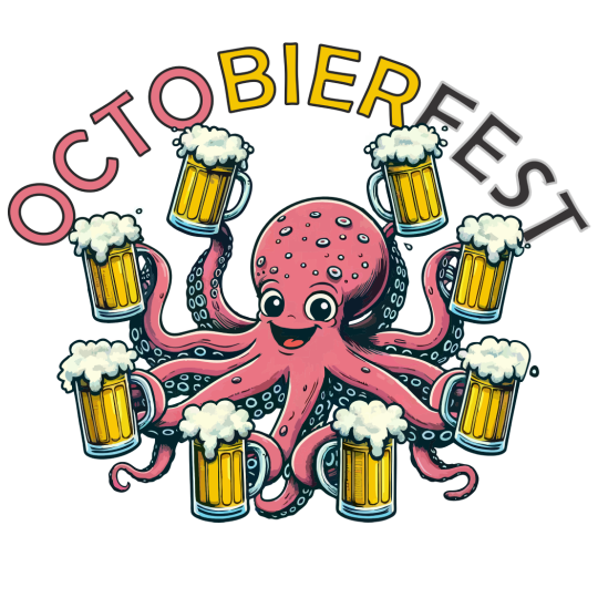 Octobierfest Ilustración de un pulpo con una jarra de cerveza en cada uno de sus ocho tentáculos y el texto OCTO-BIER-FEST
