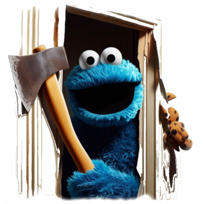 The Sidnning Ilustración de Sid, el Mónstruo de las Galletas, derribando una puerta con un hacha como Jack Torrance en el Resplandor