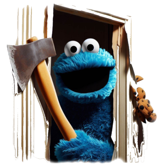 The Sidnning Ilustración de Sid, el Mónstruo de las Galletas, derribando una puerta con un hacha como Jack Torrance en el Resplandor