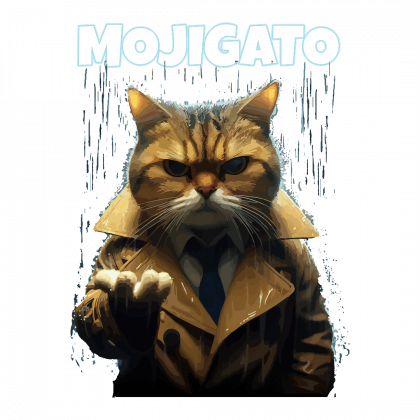 mojigato Ilustración de un gato con gabardina y cara de pocos amigos, bajo la lluvia e iluminado por las luces de la noche. Encima suyo está la palabra mojigato iluminada.
