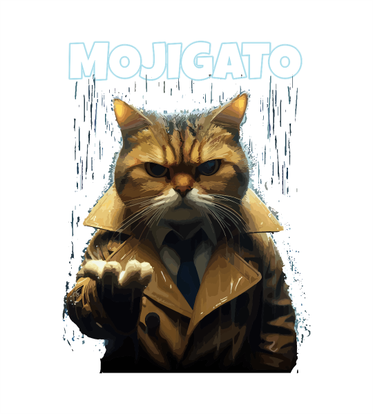 mojigato Ilustración de un gato con gabardina y cara de pocos amigos, bajo la lluvia e iluminado por las luces de la noche. Encima suyo está la palabra mojigato iluminada.