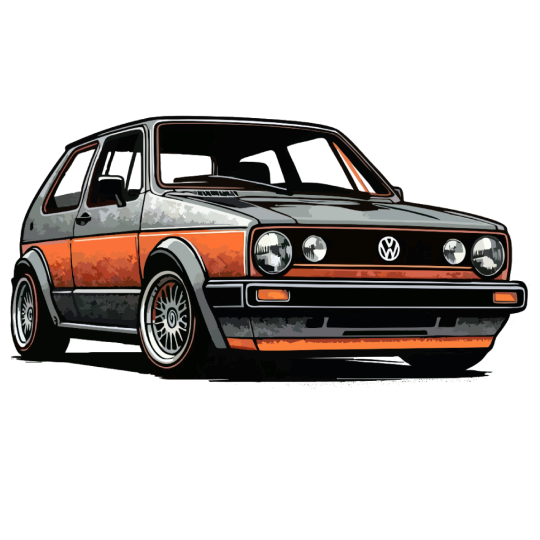 VW Golf GTI MK1 Ilustración de mítico Golf GTI MK1 de Volkswagen en gris y naranja