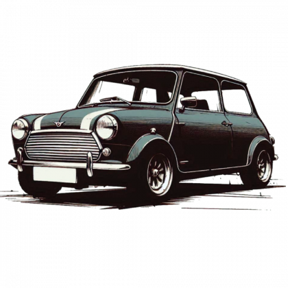 Mini Cooper Ilustración de un Mini Cooper de los años 60 azul claro creada con Inteligencia Artificial.