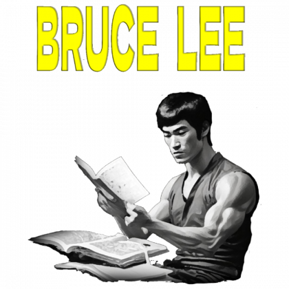 Bruce lee Ilustración del famoso maestro del Kung Fu leyendo un libro y el titular Bruce lee.