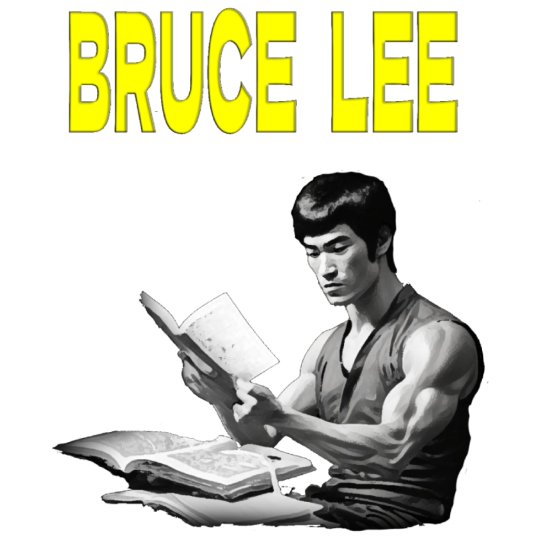 Bruce lee Ilustración del famoso maestro del Kung Fu leyendo un libro y el titular Bruce lee.