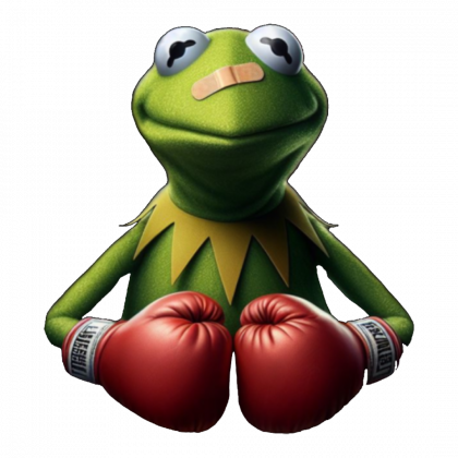 Gustaboxing Ilustración de la Rana Gustavo con guantes de boxeo y una tirita en la cara.