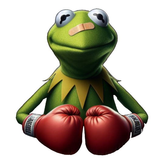 Gustaboxing Ilustración de la Rana Gustavo con guantes de boxeo y una tirita en la cara.