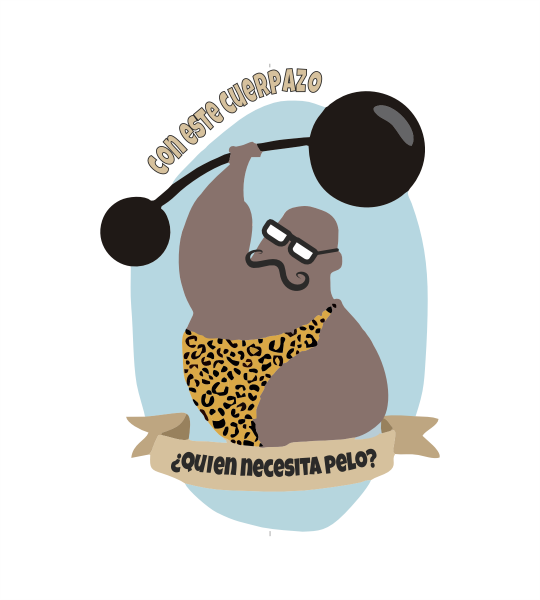 Cuerpazo Ilustración generada apetición de nuestros clientes de una imagen simplificada de un forzudo de circo de principios del siglo XX levantando una pesa y con el Texto "Con este cuepazo... ¿Quien necesita pelo?".