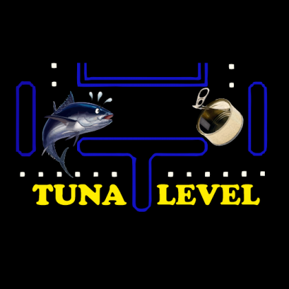 Tuna-Level Ilustración propia para Itsasgora del juego PacMan con un atún escapando de un come-cocos lata.