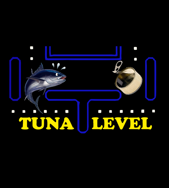 Tuna-Level Ilustración propia para Itsasgora del juego PacMan con un atún escapando de un come-cocos lata.