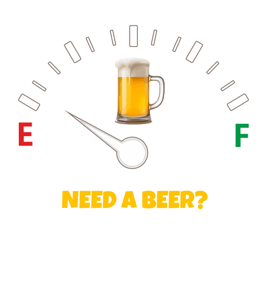 need-a-beer Manómetro de depósito muestra casi vacío con una jarra de cerveza en el medio. Debajo "Need a beer?"