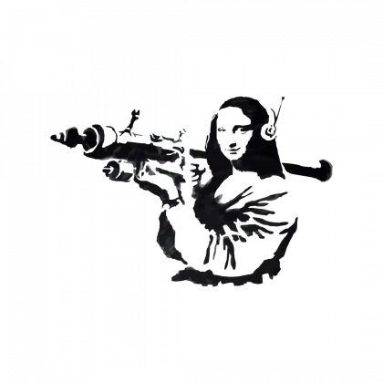 Banski-monalisa Ilustración grafity de siluetas del artista urbano Bansky. Mona Lisa de Leonardo con un RCP al hombro.