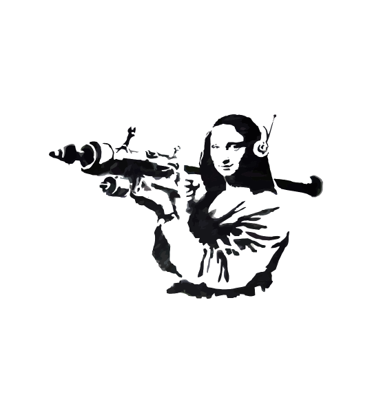 Banski-monalisa Ilustración grafity de siluetas del artista urbano Bansky. Mona Lisa de Leonardo con un RCP al hombro.