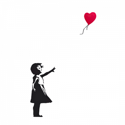 Banski-ninaglobo Ilustración grafity de siluetas del artista urbano Bansky. Niña observa cómo se le escapa un globo con forma de corazón.