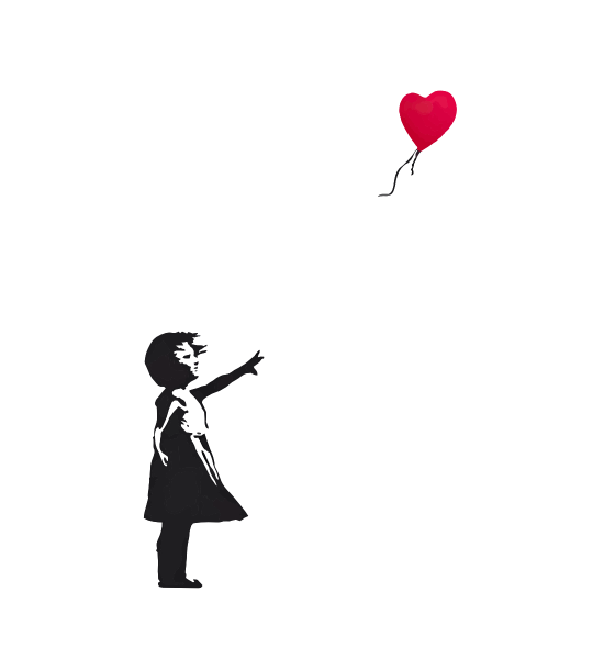 Banski-ninaglobo Ilustración grafity de siluetas del artista urbano Bansky. Niña observa cómo se le escapa un globo con forma de corazón.