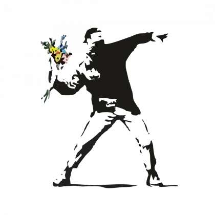 Banski encapuchado flores Ilustración grafity de siluetas del artista urbano Bansky. Manifestante encapuchado lanza un ramo de flores.