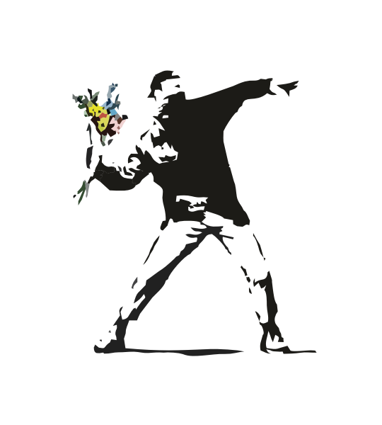 Banski encapuchado flores Ilustración grafity de siluetas del artista urbano Bansky. Manifestante encapuchado lanza un ramo de flores.