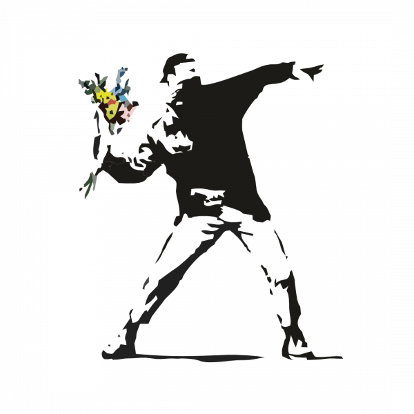 Ilustración grafity de siluetas del artista urbano Bansky. Manifestante encapuchado lanza un ramo de flores.