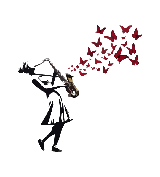 Banski-saxo-mariposas Ilustración grafity de siluetas del artista urbano Bansky. Mujer tocando el saxo del que emanan mariposas.