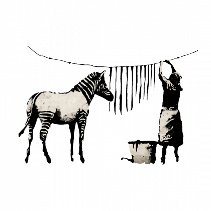 Banski-zebra Ilustración grafity de siluetas del artista urbano Bansky. Cebra observa cómo una mujer tiende sus rayas en un tendal.