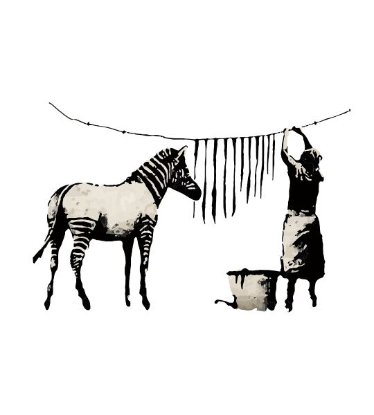 Banski-zebra Ilustración grafity de siluetas del artista urbano Bansky. Cebra observa cómo una mujer tiende sus rayas en un tendal.