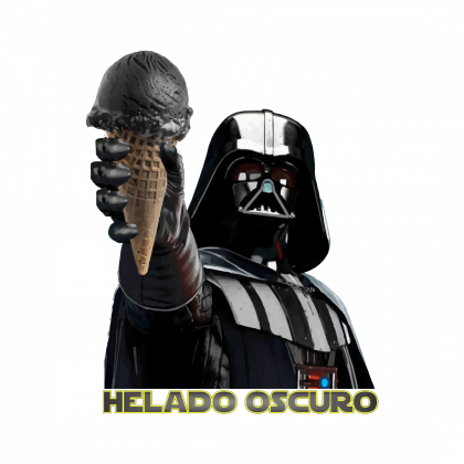 Helado Oscuro Ilustración fotomontaje de Lord Vader con un helado de regaliz y el subtítulo "Helado Oscuro"