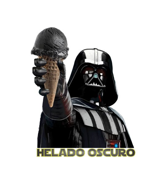 Helado Oscuro Ilustración fotomontaje de Lord Vader con un helado de regaliz y el subtítulo "Helado Oscuro"
