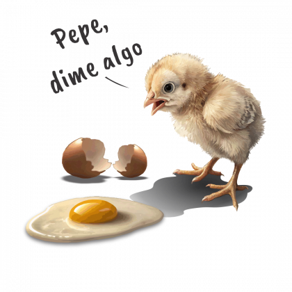 Pepe dime algo Ilustración generada con Inteligencia Artificial de un pollito diciendo a un huevo frito "Pepe dime algo".