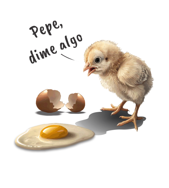 Pepe dime algo Ilustración generada con Inteligencia Artificial de un pollito diciendo a un huevo frito "Pepe dime algo".