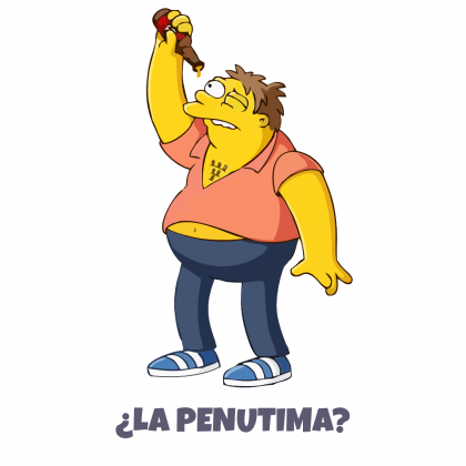 Barney LaPenultima Barney Gamble mira por el bocal de un botellín de cerveza vacío. Debajo el texto "¿La penultima?"