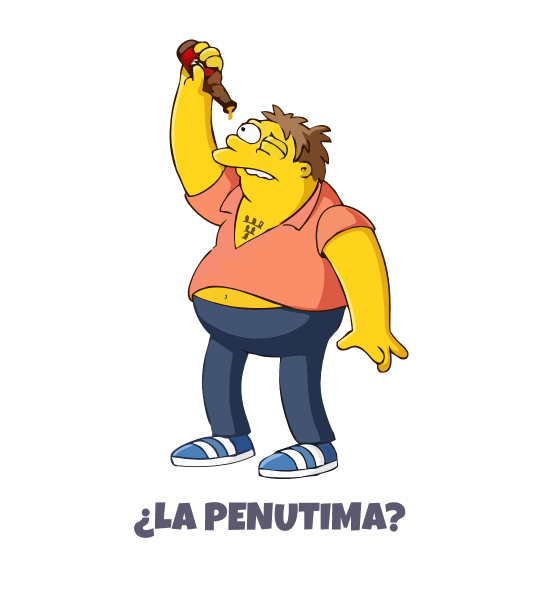 Barney LaPenultima Barney Gamble mira por el bocal de un botellín de cerveza vacío. Debajo el texto "¿La penultima?"