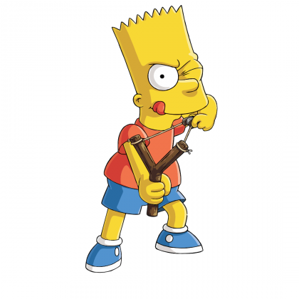 Simpsons Bart Tiragomas Ilustración de Bart Simpson, uno de los personajes principales de Los Simpson, apuntando al frente con un tiragomas.