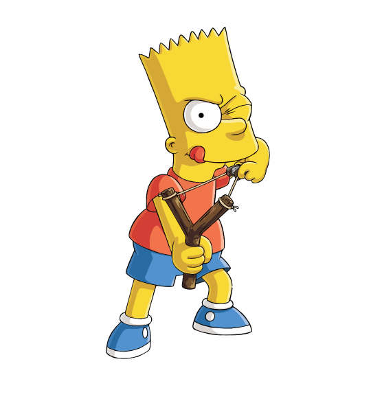 Simpsons Bart Tiragomas Ilustración de Bart Simpson, uno de los personajes principales de Los Simpson, apuntando al frente con un tiragomas.