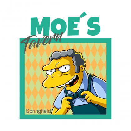 Simpsons Moes Ilustración de Moe, uno de los personajes de Los Simpson, ajustámdose la pajarita delante de una cristalera de su bar. Encima, el titular "Moe´s Tabern".