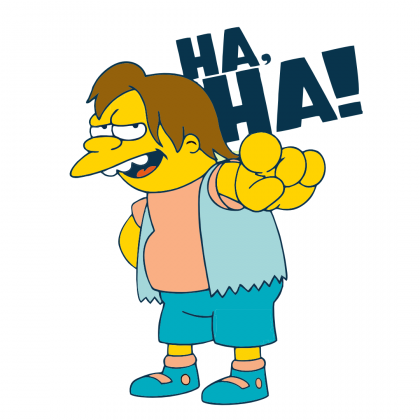 Simpsons Nelson Ha, Ha! Ilustración de Nelson, personaje de Los Simpson, señalando al frentey su risa "Ha, Ha!"