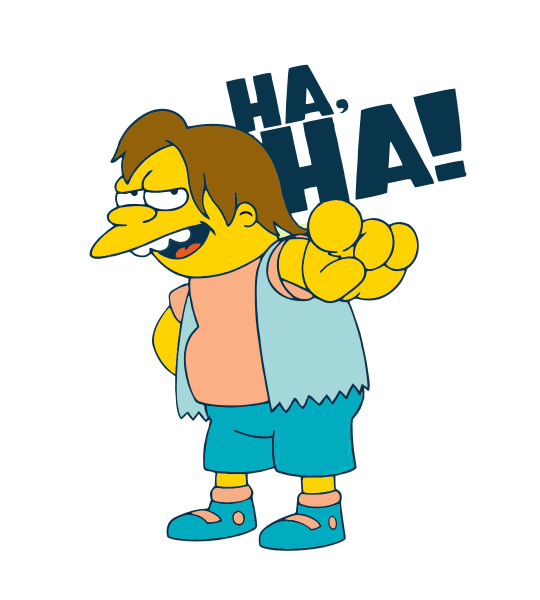 Simpsons Nelson Ha, Ha! Ilustración de Nelson, personaje de Los Simpson, señalando al frentey su risa "Ha, Ha!"
